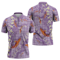 Purple Palaka Hawaiian And Japanese Zipper Polo Shirt Sakura Lei With Koi Fish - Polynesian Pride