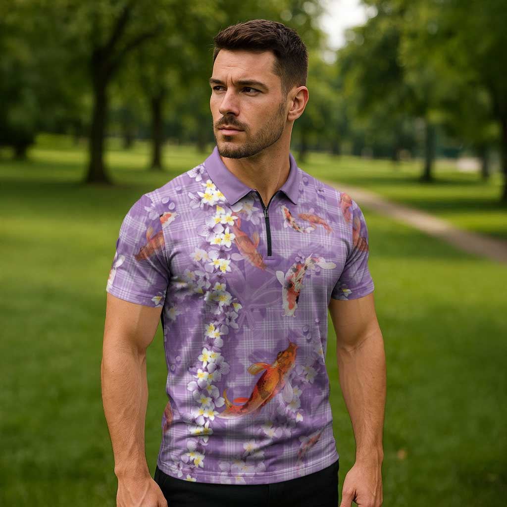 Purple Palaka Hawaiian And Japanese Zipper Polo Shirt Sakura Lei With Koi Fish - Polynesian Pride