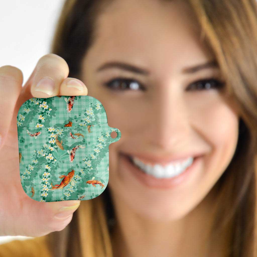 Green Palaka Hawaiian And Japanese AirPods Case Sakura Lei With Koi Fish - Polynesian Pride