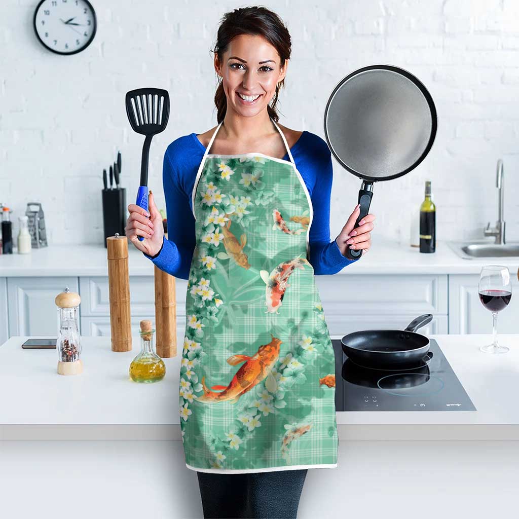 Green Palaka Hawaiian And Japanese Apron Sakura Lei With Koi Fish - Polynesian Pride