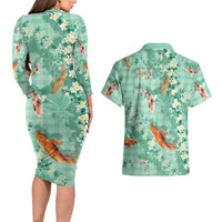 Green Palaka Hawaiian And Japanese Couples Matching Long Sleeve Bodycon Dress and Hawaiian Shirt Sakura Lei With Koi Fish DT05 - Polynesian Pride