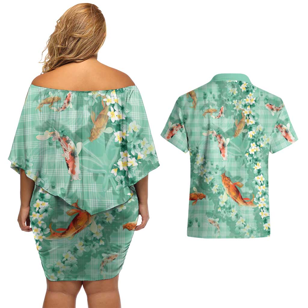 Green Palaka Hawaiian And Japanese Couples Matching Off Shoulder Short Dress and Hawaiian Shirt Sakura Lei With Koi Fish - Polynesian Pride