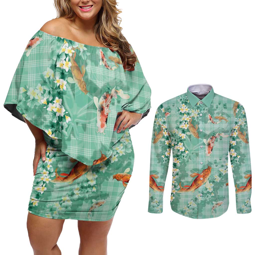 Green Palaka Hawaiian And Japanese Couples Matching Off Shoulder Short Dress and Long Sleeve Button Shirt Sakura Lei With Koi Fish DT05 Green - Polynesian Pride