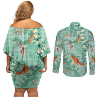 Green Palaka Hawaiian And Japanese Couples Matching Off Shoulder Short Dress and Long Sleeve Button Shirt Sakura Lei With Koi Fish DT05 - Polynesian Pride