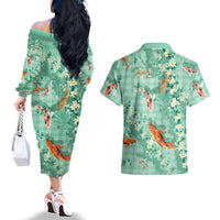 Green Palaka Hawaiian And Japanese Couples Matching Off The Shoulder Long Sleeve Dress and Hawaiian Shirt Sakura Lei With Koi Fish DT05 - Polynesian Pride