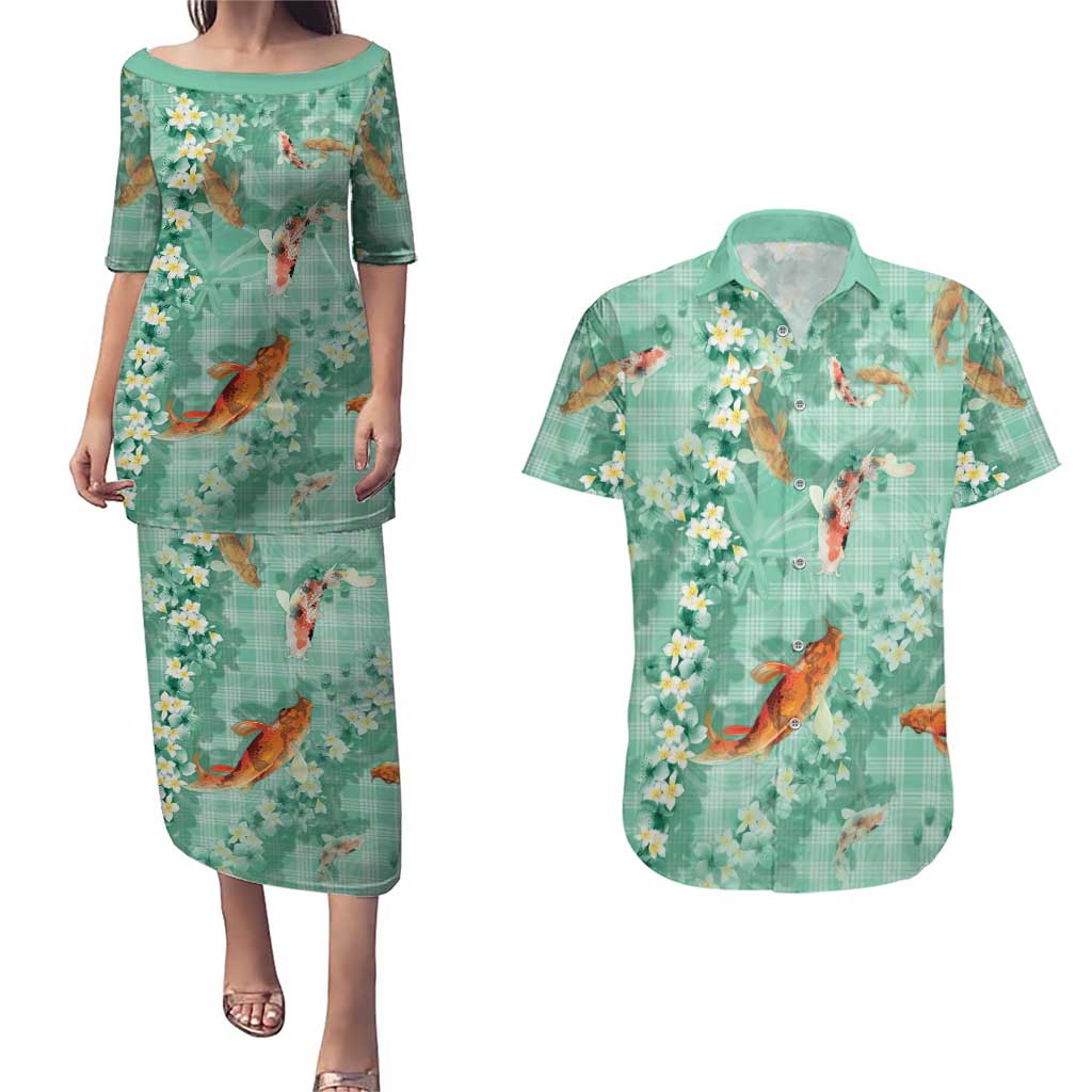 Green Palaka Hawaiian And Japanese Couples Matching Puletasi and Hawaiian Shirt Sakura Lei With Koi Fish - Polynesian Pride