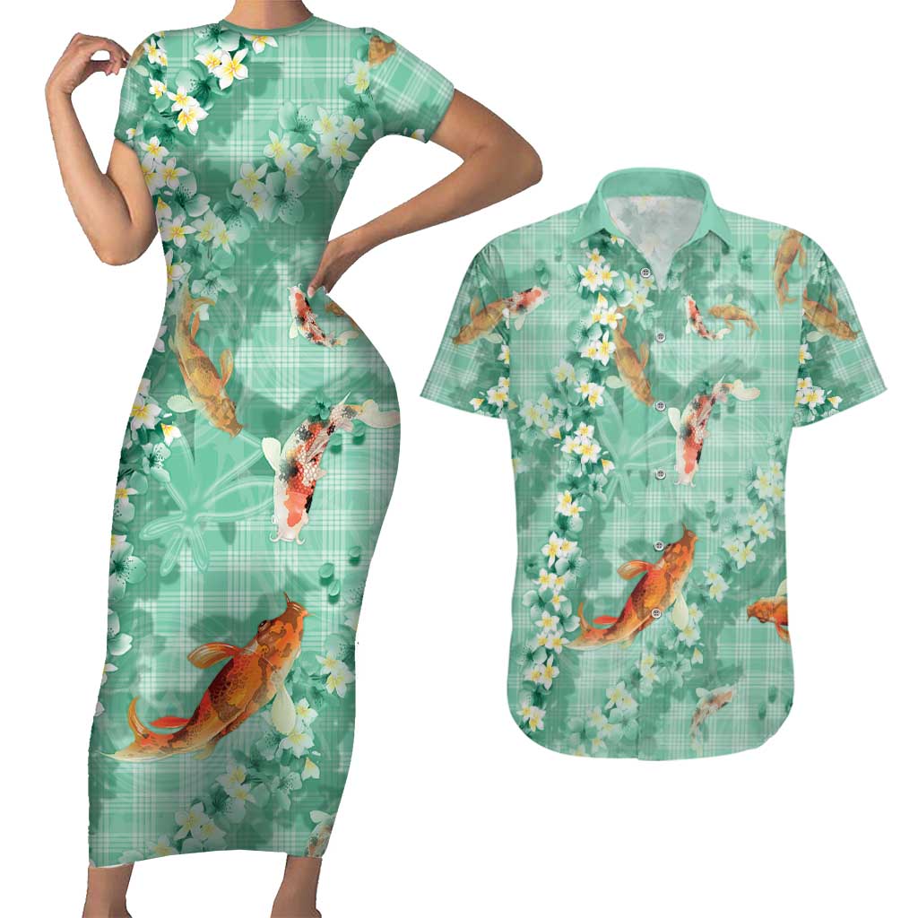Green Palaka Hawaiian And Japanese Couples Matching Short Sleeve Bodycon Dress and Hawaiian Shirt Sakura Lei With Koi Fish - Polynesian Pride