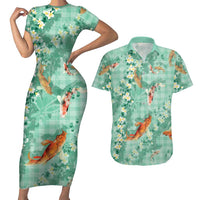Green Palaka Hawaiian And Japanese Couples Matching Short Sleeve Bodycon Dress and Hawaiian Shirt Sakura Lei With Koi Fish DT05 Green - Polynesian Pride