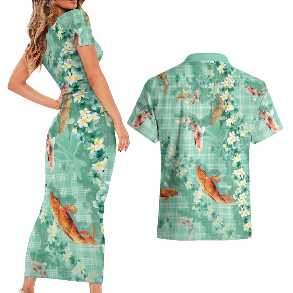 Green Palaka Hawaiian And Japanese Couples Matching Short Sleeve Bodycon Dress and Hawaiian Shirt Sakura Lei With Koi Fish DT05 - Polynesian Pride