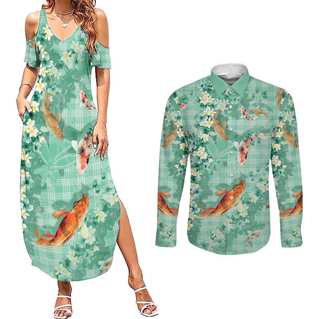 Green Palaka Hawaiian And Japanese Couples Matching Summer Maxi Dress and Long Sleeve Button Shirt Sakura Lei With Koi Fish - Polynesian Pride