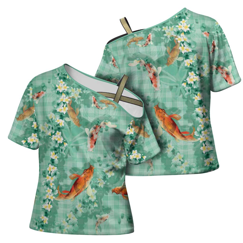 Green Palaka Hawaiian And Japanese Cross Shoulder Shirt Sakura Lei With Koi Fish - Polynesian Pride