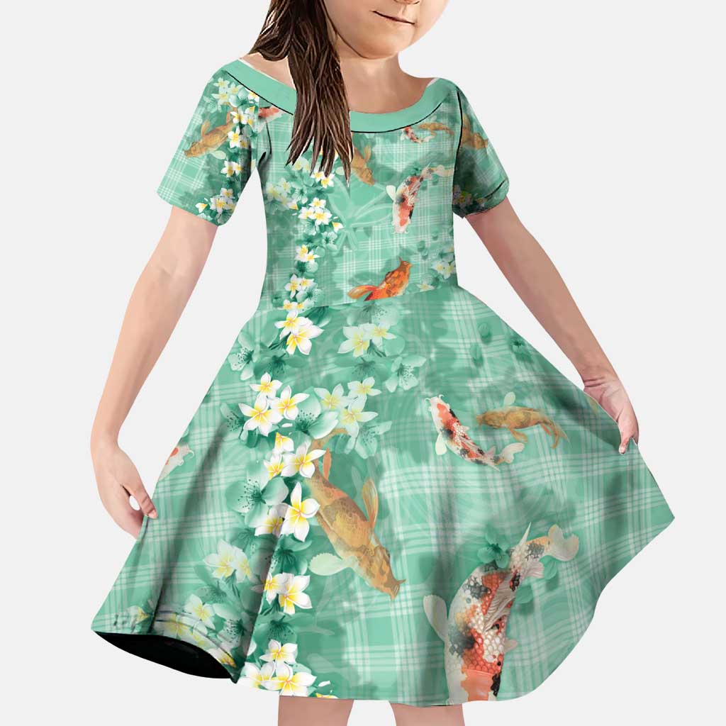 Green Palaka Hawaiian And Japanese Family Matching Long Sleeve Bodycon Dress and Hawaiian Shirt Sakura Lei With Koi Fish DT05 Daughter's Dress Green - Polynesian Pride