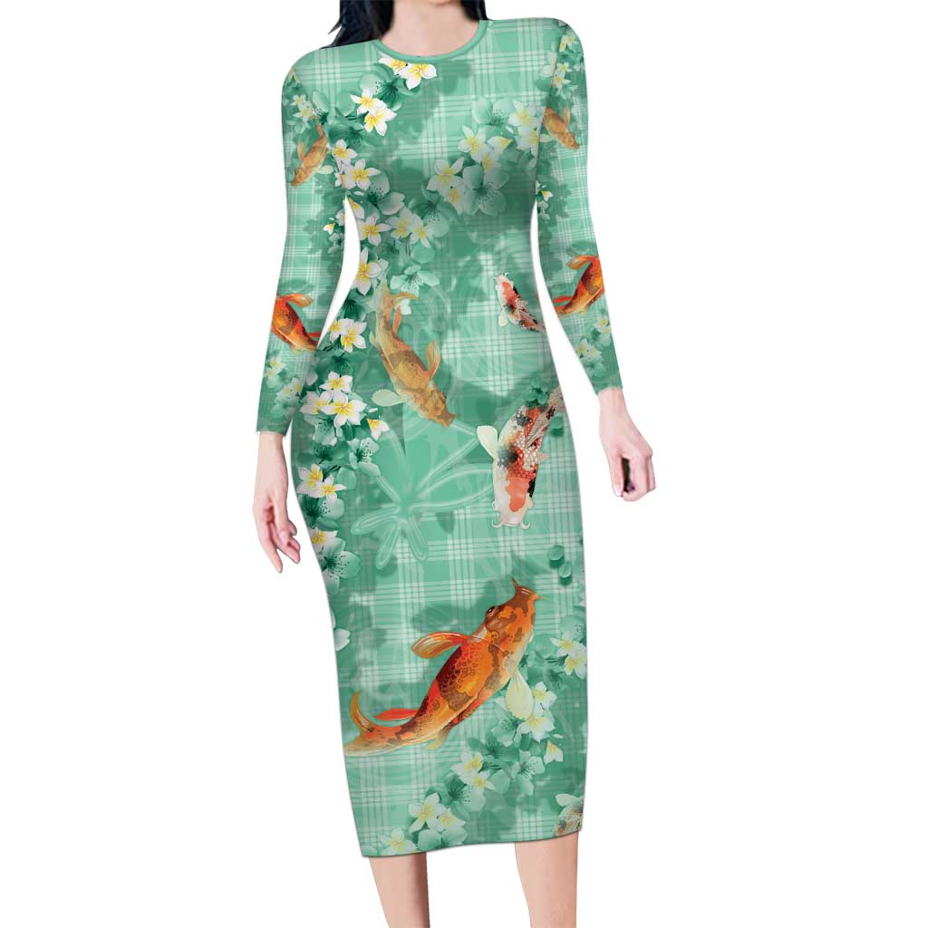 Green Palaka Hawaiian And Japanese Family Matching Long Sleeve Bodycon Dress and Hawaiian Shirt Sakura Lei With Koi Fish DT05 Mom's Dress Green - Polynesian Pride