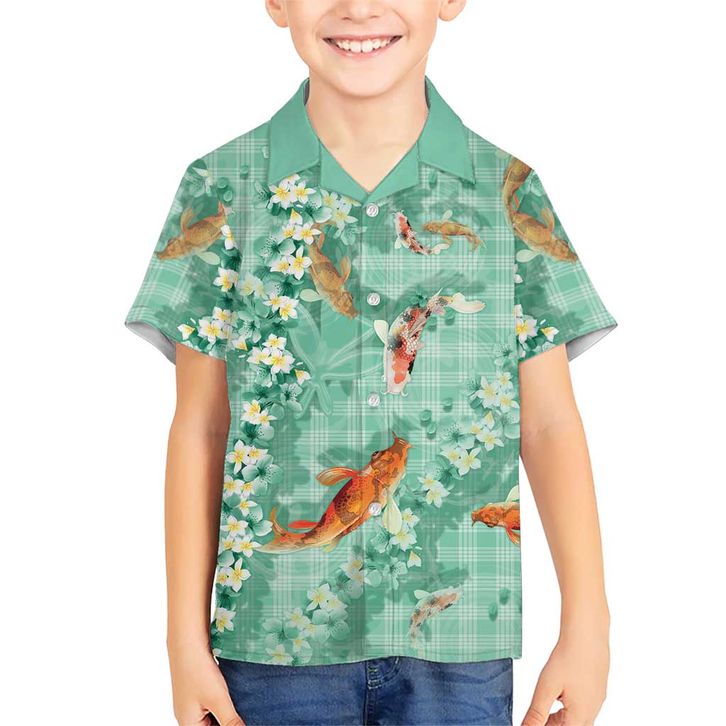 Green Palaka Hawaiian And Japanese Family Matching Long Sleeve Bodycon Dress and Hawaiian Shirt Sakura Lei With Koi Fish DT05 Son's Shirt Green - Polynesian Pride