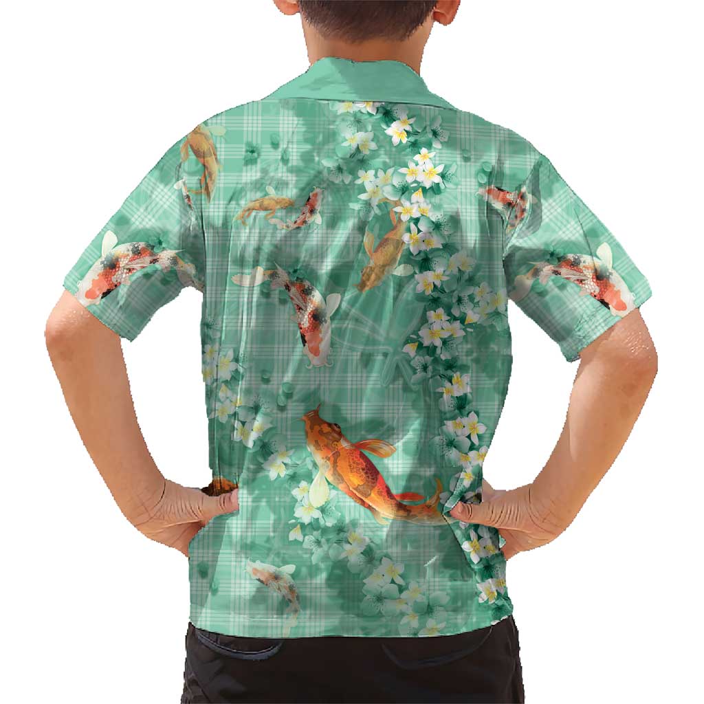 Green Palaka Hawaiian And Japanese Family Matching Mermaid Dress and Hawaiian Shirt Sakura Lei With Koi Fish DT05 - Polynesian Pride