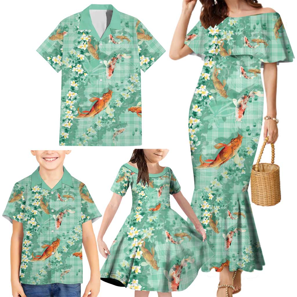 Green Palaka Hawaiian And Japanese Family Matching Mermaid Dress and Hawaiian Shirt Sakura Lei With Koi Fish DT05 - Polynesian Pride