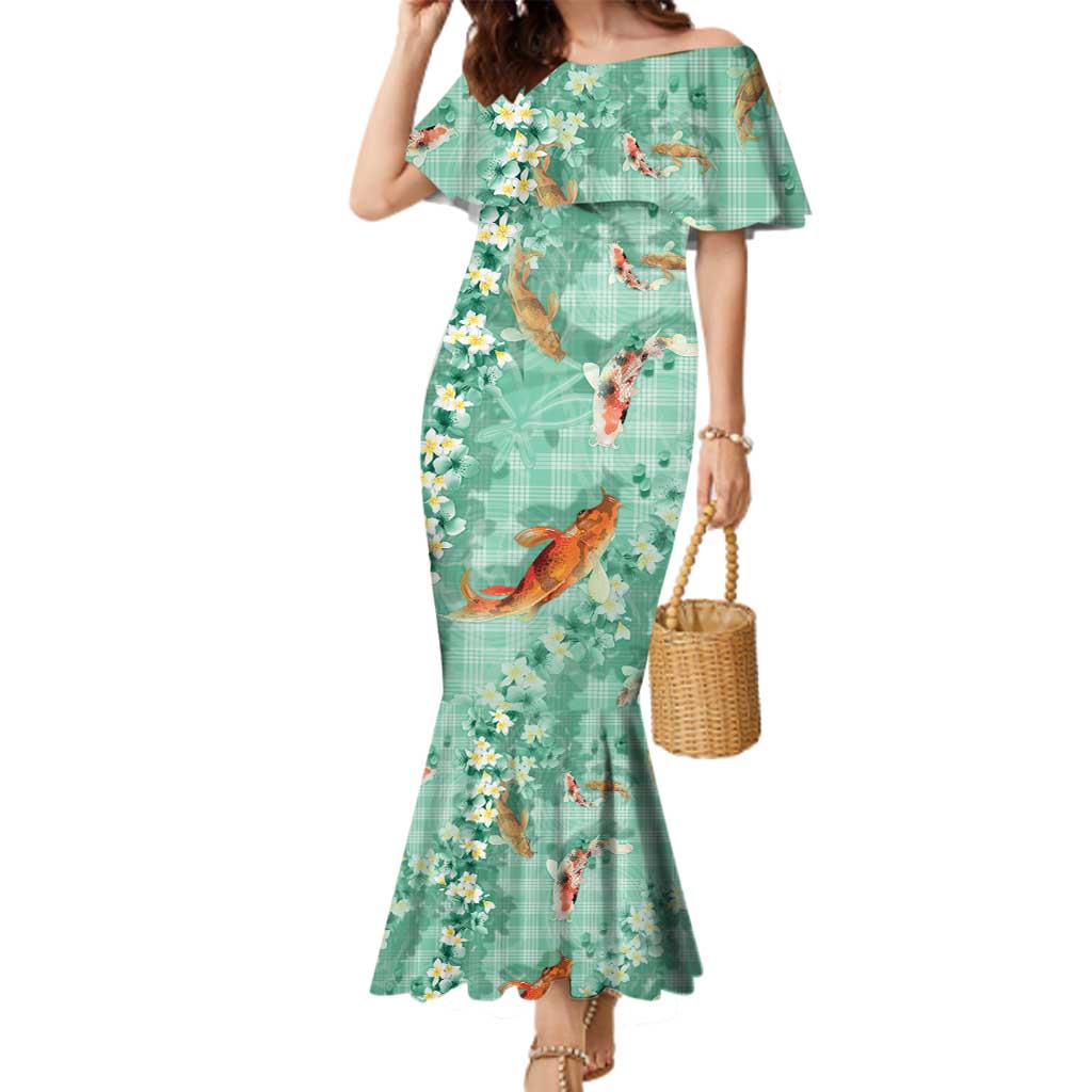 Green Palaka Hawaiian And Japanese Family Matching Mermaid Dress and Hawaiian Shirt Sakura Lei With Koi Fish DT05 Mom's Dress Green - Polynesian Pride