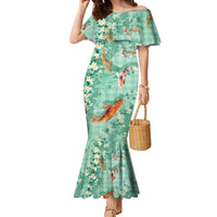 Green Palaka Hawaiian And Japanese Family Matching Mermaid Dress and Hawaiian Shirt Sakura Lei With Koi Fish DT05 Mom's Dress Green - Polynesian Pride