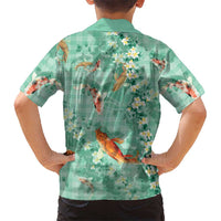 Green Palaka Hawaiian And Japanese Family Matching Off The Shoulder Long Sleeve Dress and Hawaiian Shirt Sakura Lei With Koi Fish DT05 - Polynesian Pride