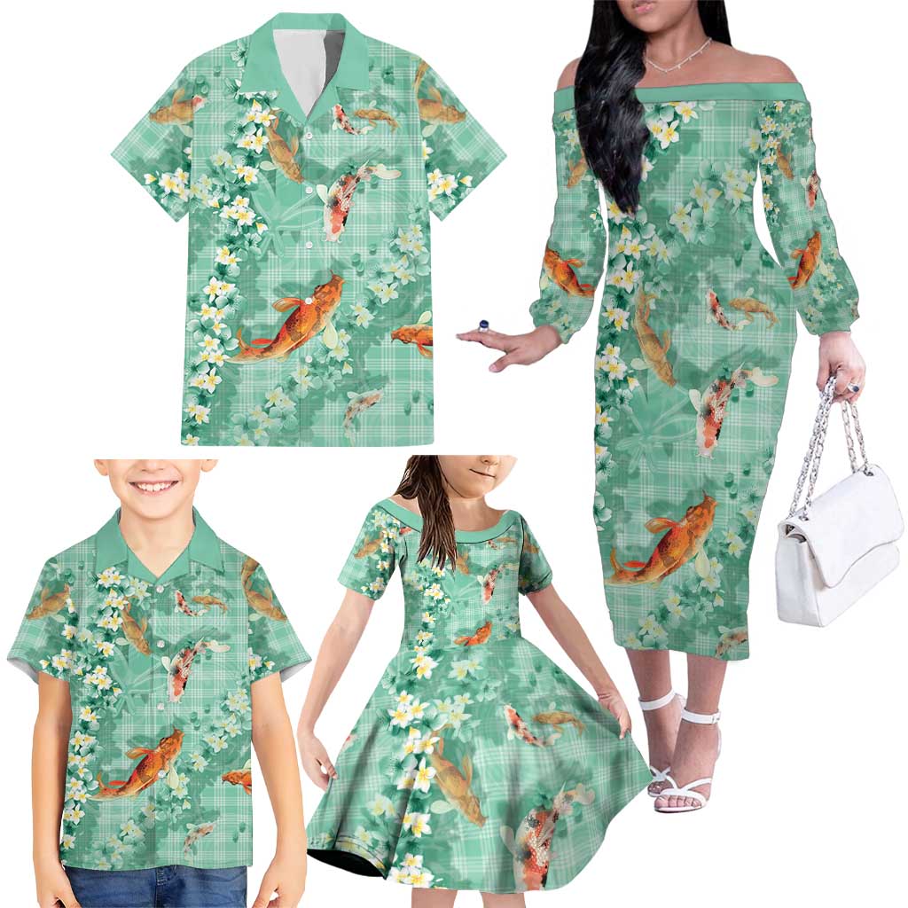 Green Palaka Hawaiian And Japanese Family Matching Off The Shoulder Long Sleeve Dress and Hawaiian Shirt Sakura Lei With Koi Fish DT05 - Polynesian Pride