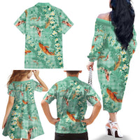 Green Palaka Hawaiian And Japanese Family Matching Off The Shoulder Long Sleeve Dress and Hawaiian Shirt Sakura Lei With Koi Fish DT05 - Polynesian Pride