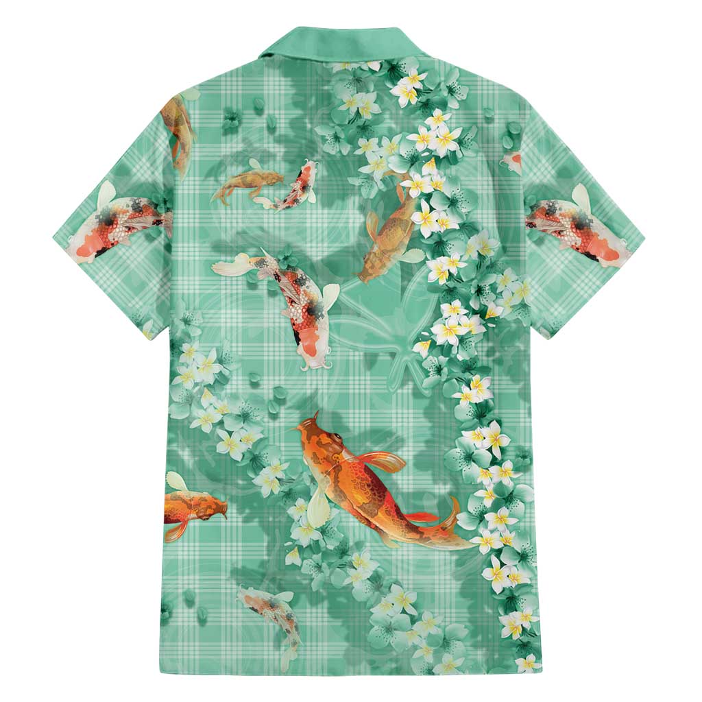 Green Palaka Hawaiian And Japanese Family Matching Off The Shoulder Long Sleeve Dress and Hawaiian Shirt Sakura Lei With Koi Fish DT05 - Polynesian Pride