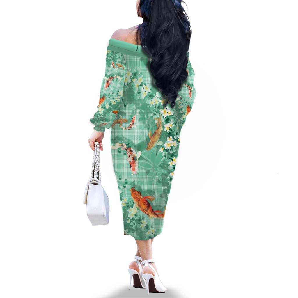 Green Palaka Hawaiian And Japanese Family Matching Off The Shoulder Long Sleeve Dress and Hawaiian Shirt Sakura Lei With Koi Fish DT05 - Polynesian Pride