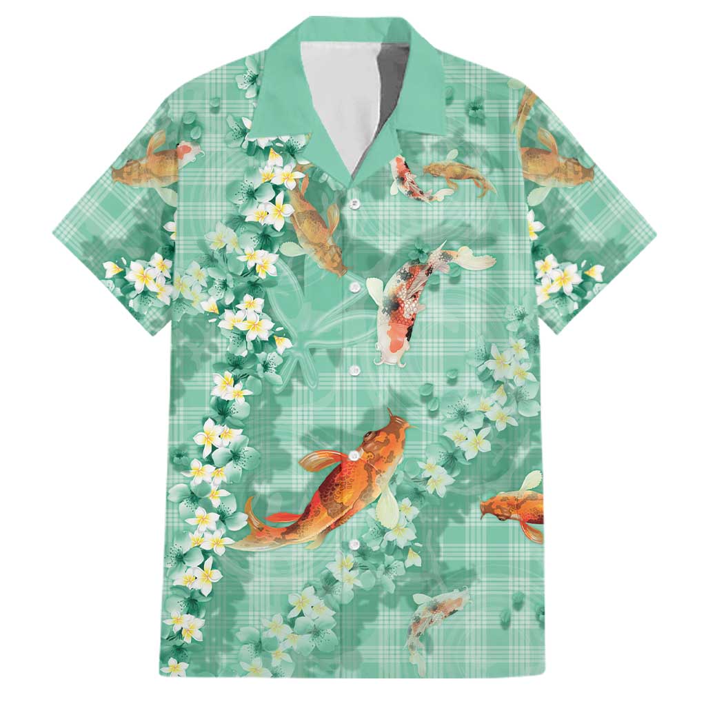 Green Palaka Hawaiian And Japanese Family Matching Off Shoulder Maxi Dress and Hawaiian Shirt Sakura Lei With Koi Fish DT05 Dad's Shirt - Short Sleeve Green - Polynesian Pride