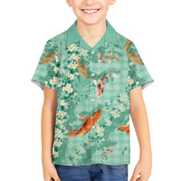 Green Palaka Hawaiian And Japanese Family Matching Off Shoulder Maxi Dress and Hawaiian Shirt Sakura Lei With Koi Fish DT05 Son's Shirt Green - Polynesian Pride