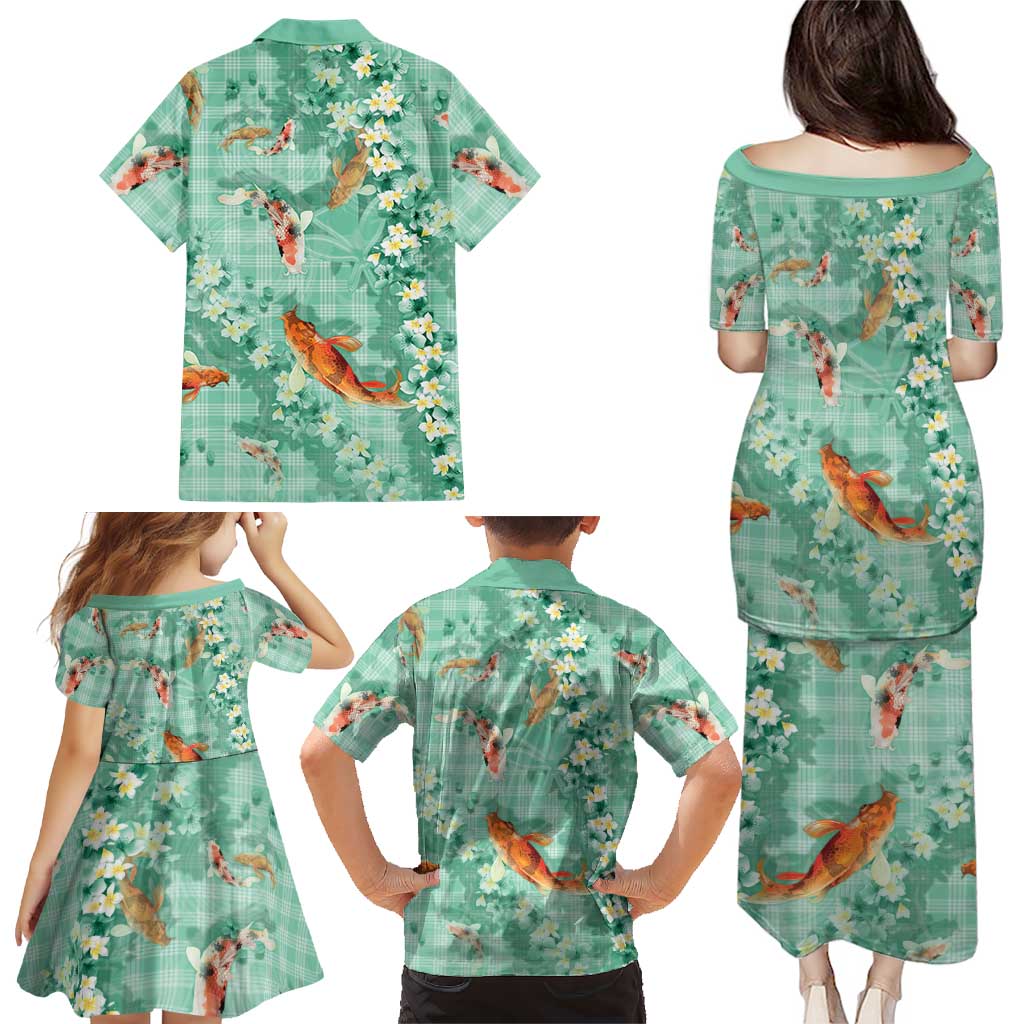Green Palaka Hawaiian And Japanese Family Matching Puletasi and Hawaiian Shirt Sakura Lei With Koi Fish DT05 - Polynesian Pride
