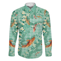 Green Palaka Hawaiian And Japanese Family Matching Puletasi and Hawaiian Shirt Sakura Lei With Koi Fish DT05 Dad's Shirt - Long Sleeve Green - Polynesian Pride