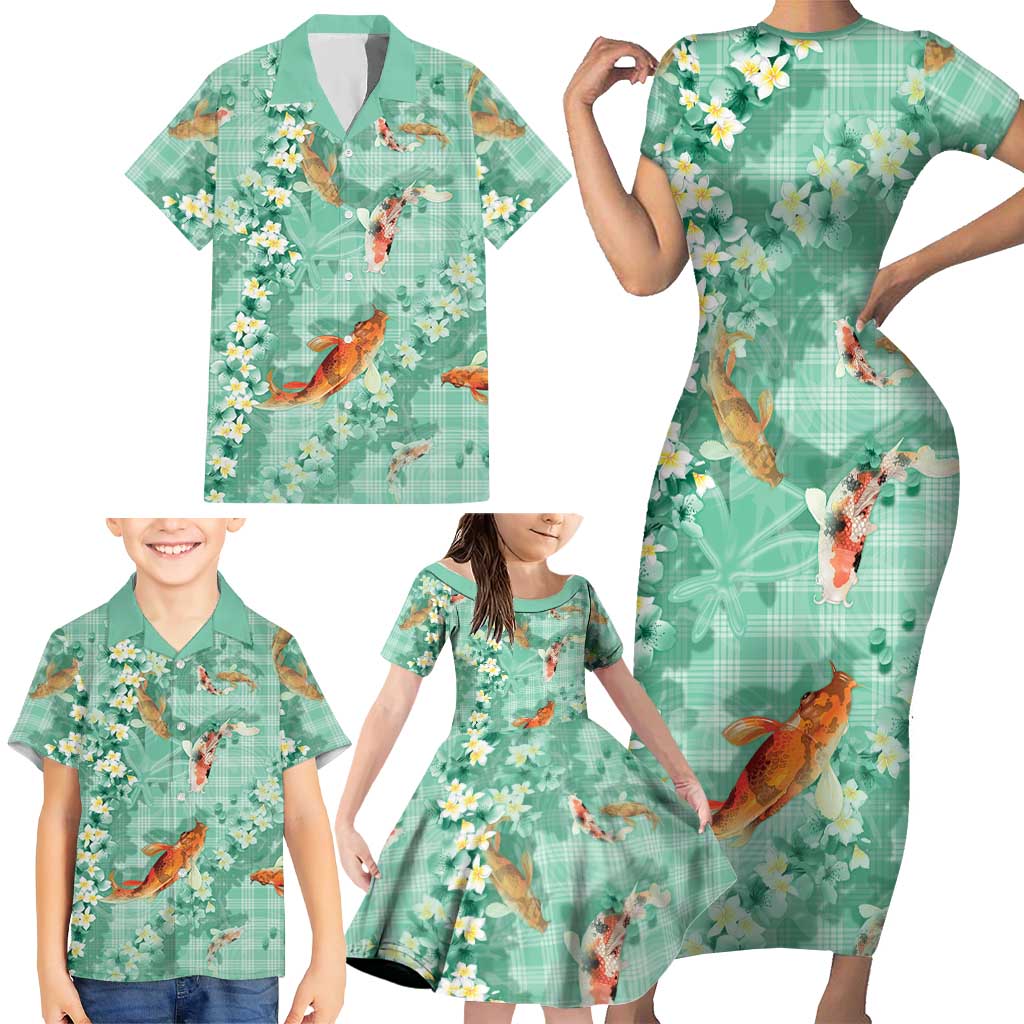 Green Palaka Hawaiian And Japanese Family Matching Short Sleeve Bodycon Dress and Hawaiian Shirt Sakura Lei With Koi Fish - Polynesian Pride