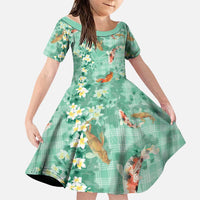 Green Palaka Hawaiian And Japanese Family Matching Summer Maxi Dress and Hawaiian Shirt Sakura Lei With Koi Fish DT05 Daughter's Dress Green - Polynesian Pride
