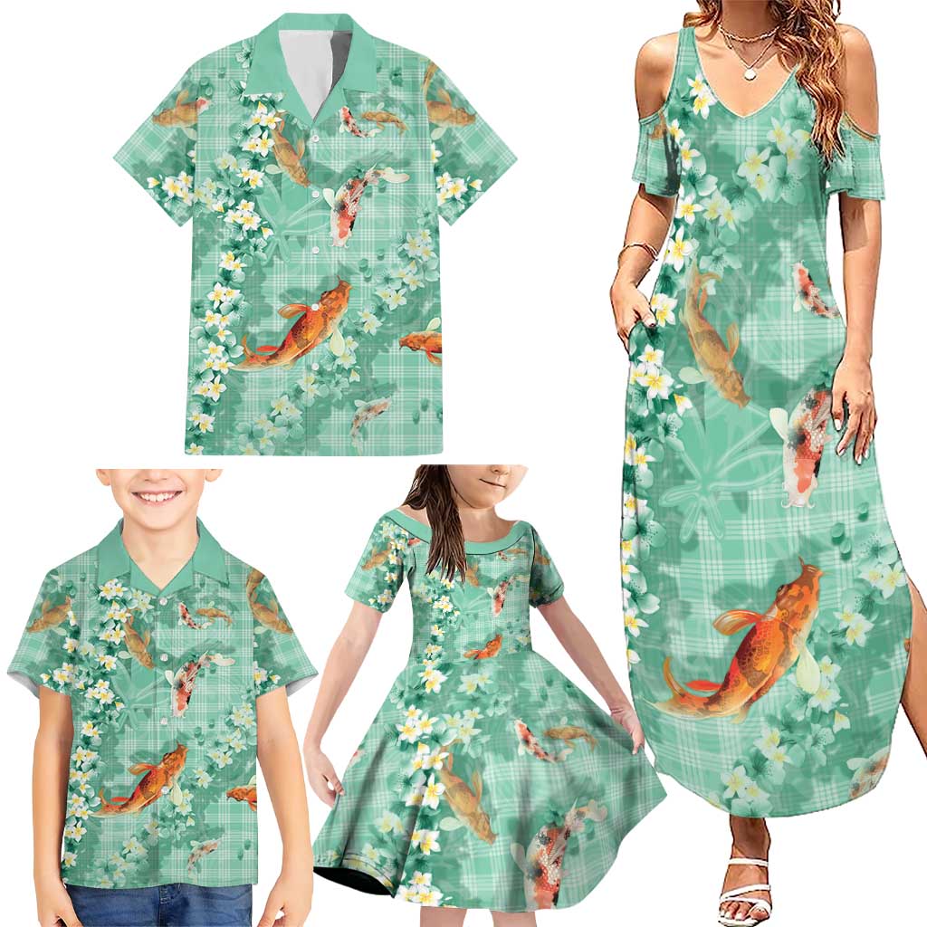 Green Palaka Hawaiian And Japanese Family Matching Summer Maxi Dress and Hawaiian Shirt Sakura Lei With Koi Fish DT05 - Polynesian Pride