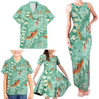 Green Palaka Hawaiian And Japanese Family Matching Tank Maxi Dress and Hawaiian Shirt Sakura Lei With Koi Fish DT05 - Polynesian Pride