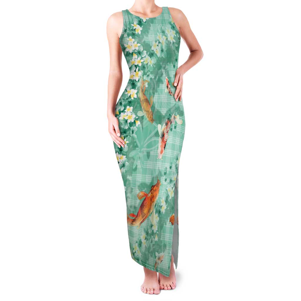 Green Palaka Hawaiian And Japanese Family Matching Tank Maxi Dress and Hawaiian Shirt Sakura Lei With Koi Fish DT05 Mom's Dress Green - Polynesian Pride