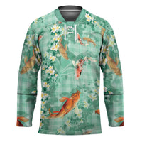 Green Palaka Hawaiian And Japanese Hockey Jersey Sakura Lei With Koi Fish - Polynesian Pride