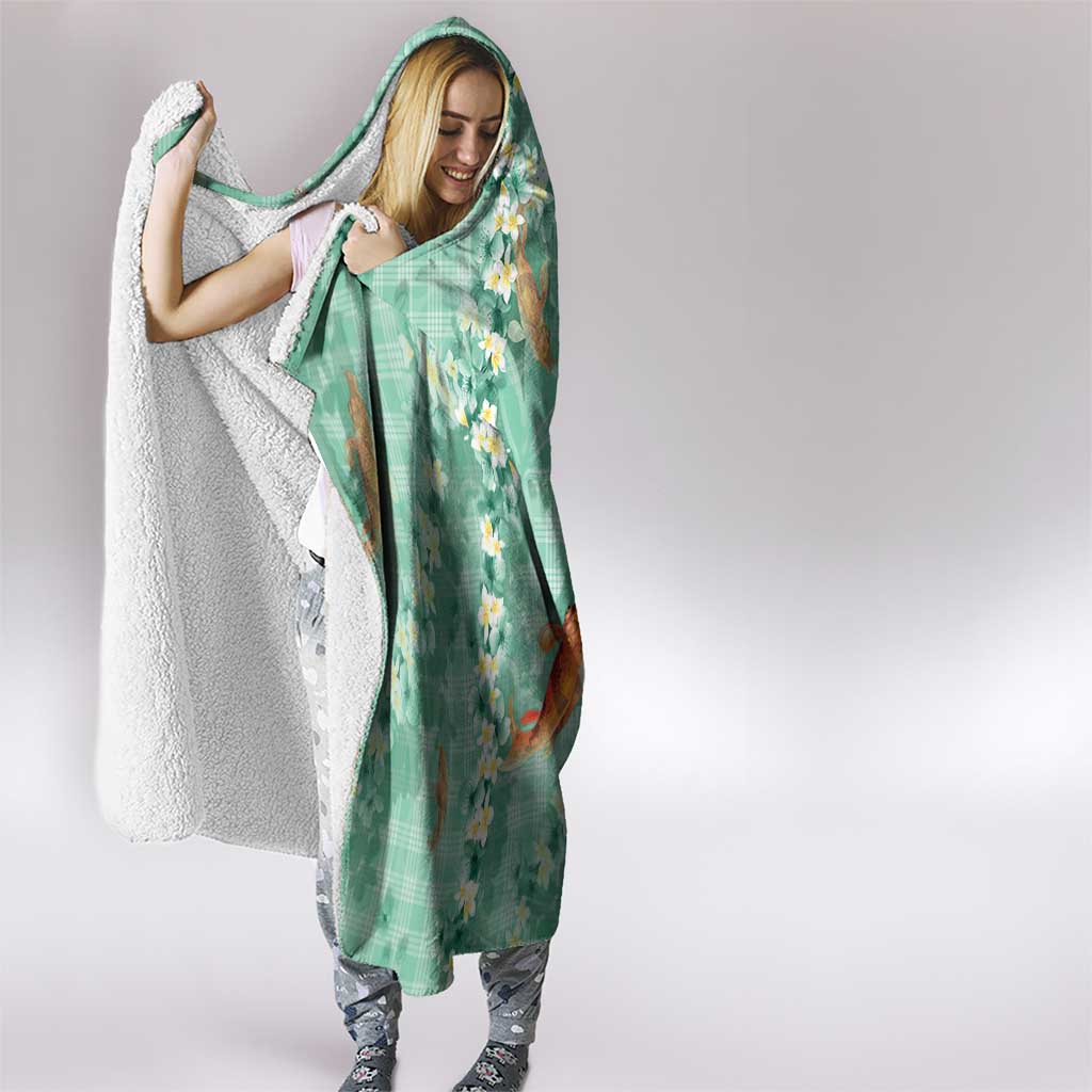 Green Palaka Hawaiian And Japanese Hooded Blanket Sakura Lei With Koi Fish - Polynesian Pride