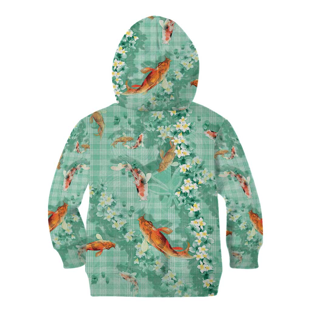 Green Palaka Hawaiian And Japanese Kid Hoodie Sakura Lei With Koi Fish DT05 - Polynesian Pride
