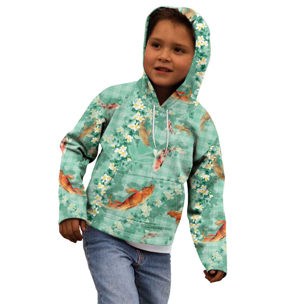 Green Palaka Hawaiian And Japanese Kid Hoodie Sakura Lei With Koi Fish DT05 - Polynesian Pride