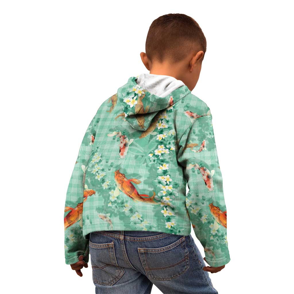 Green Palaka Hawaiian And Japanese Kid Hoodie Sakura Lei With Koi Fish DT05 - Polynesian Pride