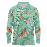 Green Palaka Hawaiian And Japanese Long Sleeve Polo Shirt Sakura Lei With Koi Fish DT05 Green - Polynesian Pride