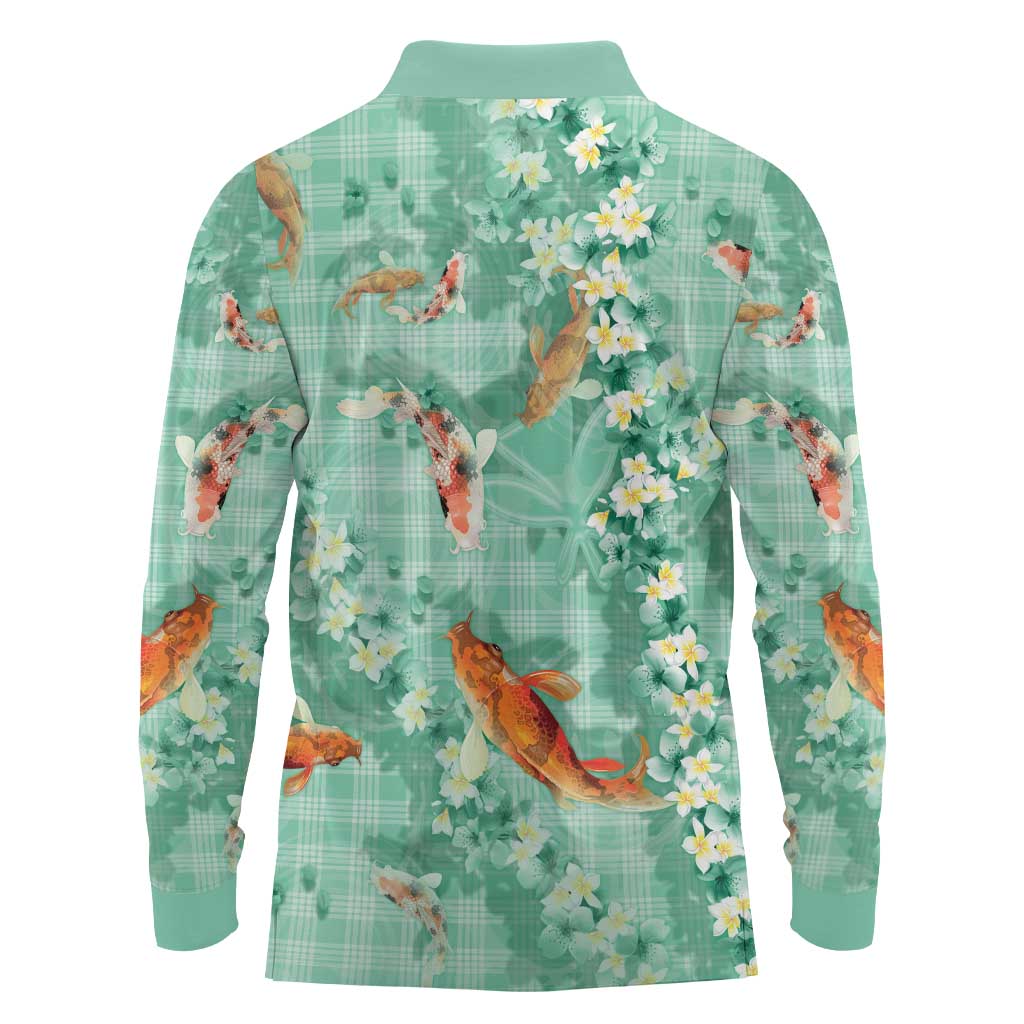Green Palaka Hawaiian And Japanese Long Sleeve Polo Shirt Sakura Lei With Koi Fish DT05 - Polynesian Pride