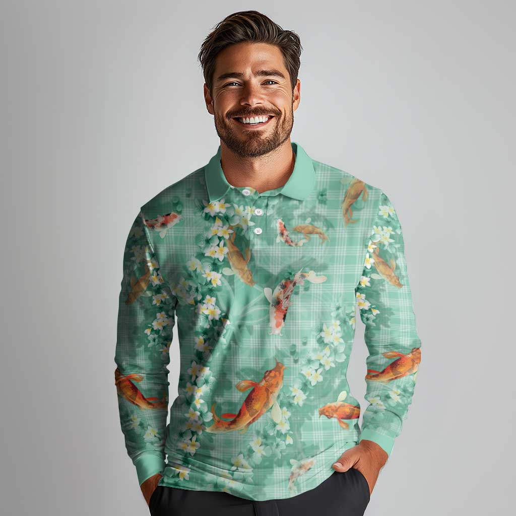 Green Palaka Hawaiian And Japanese Long Sleeve Polo Shirt Sakura Lei With Koi Fish DT05 - Polynesian Pride