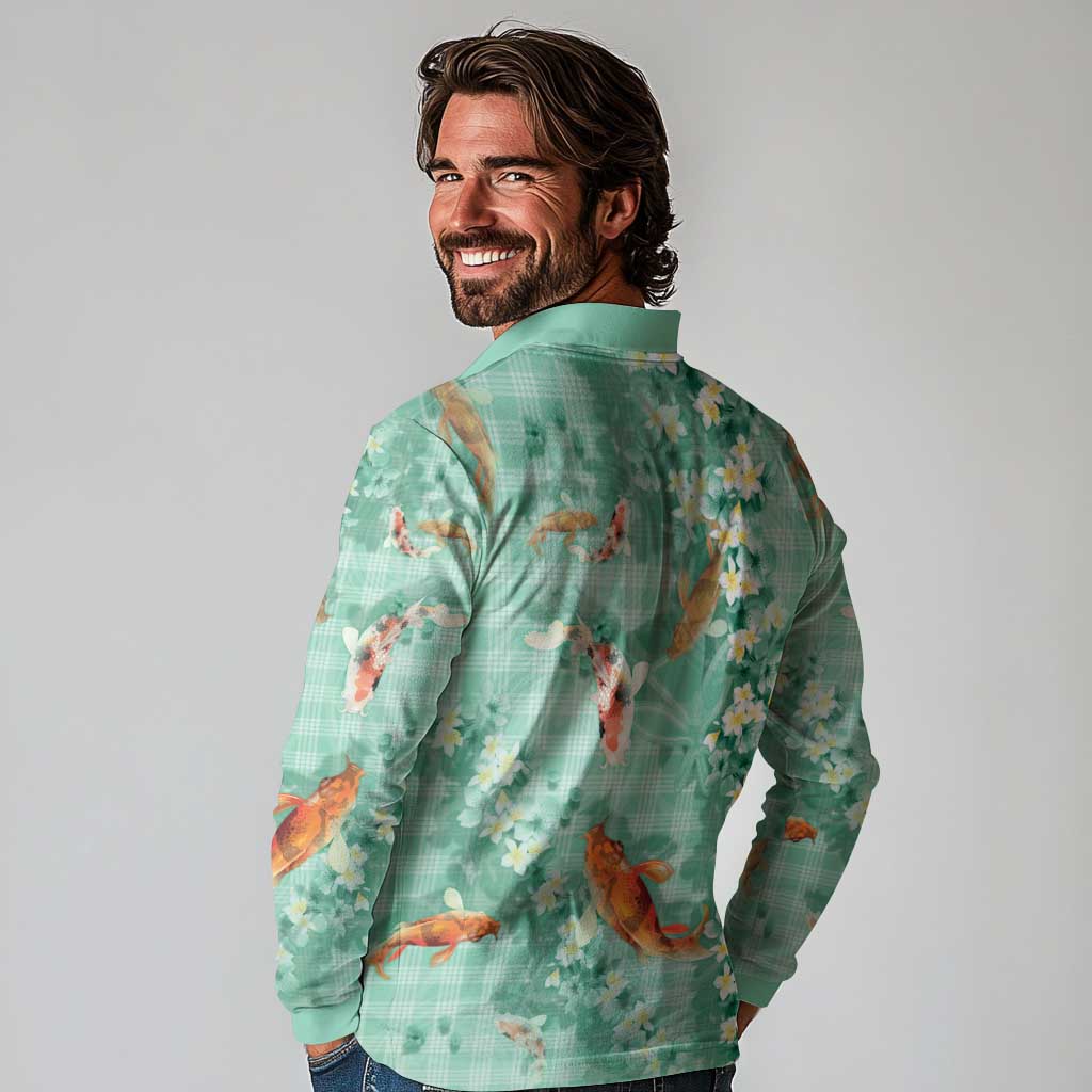 Green Palaka Hawaiian And Japanese Long Sleeve Polo Shirt Sakura Lei With Koi Fish DT05 - Polynesian Pride
