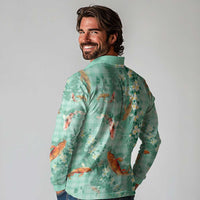 Green Palaka Hawaiian And Japanese Long Sleeve Polo Shirt Sakura Lei With Koi Fish DT05 - Polynesian Pride