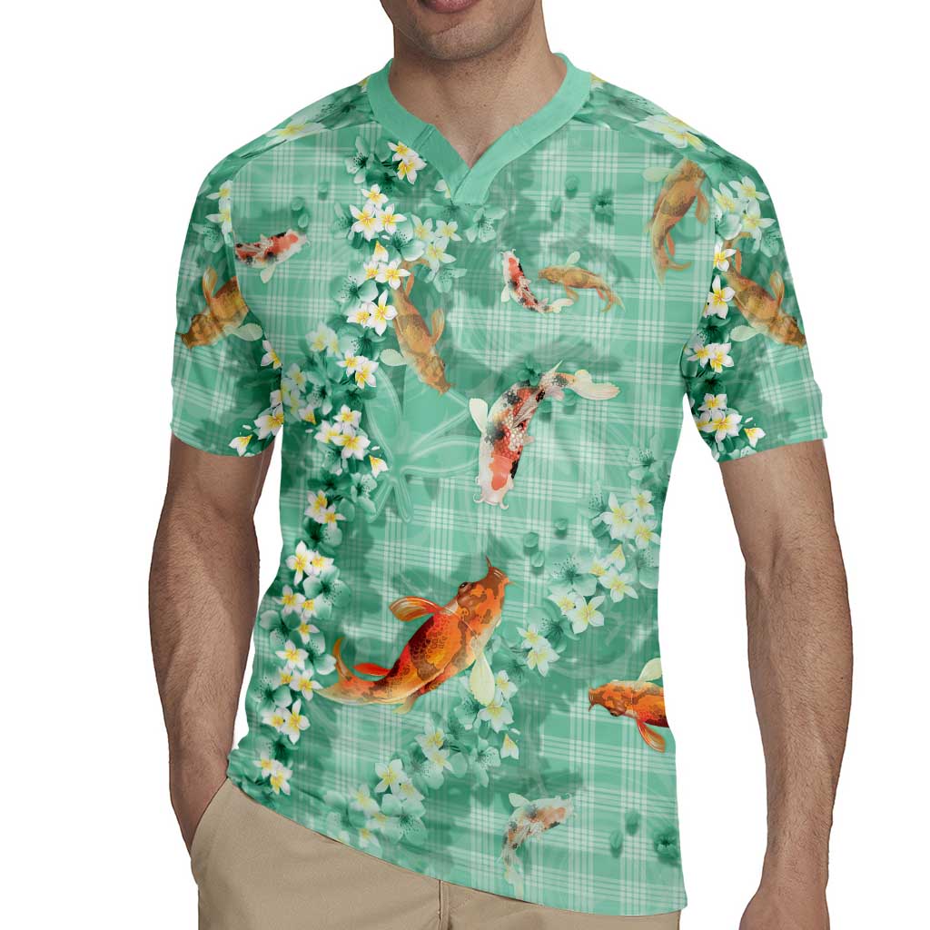 Green Palaka Hawaiian And Japanese Rugby Jersey Sakura Lei With Koi Fish - Polynesian Pride