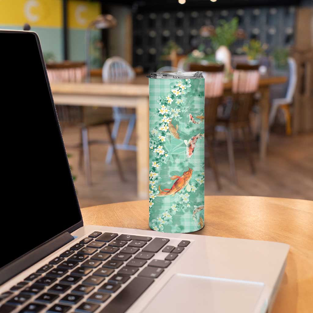 Green Palaka Hawaiian And Japanese Skinny Tumbler Sakura Lei With Koi Fish DT05 - Polynesian Pride