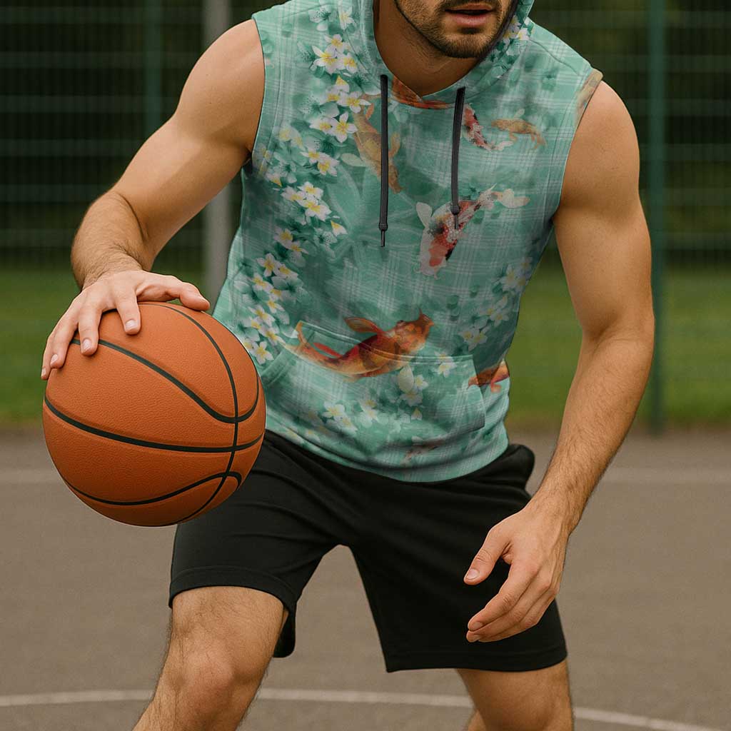 Green Palaka Hawaiian And Japanese Sleeveless Hoodie Sakura Lei With Koi Fish - Polynesian Pride
