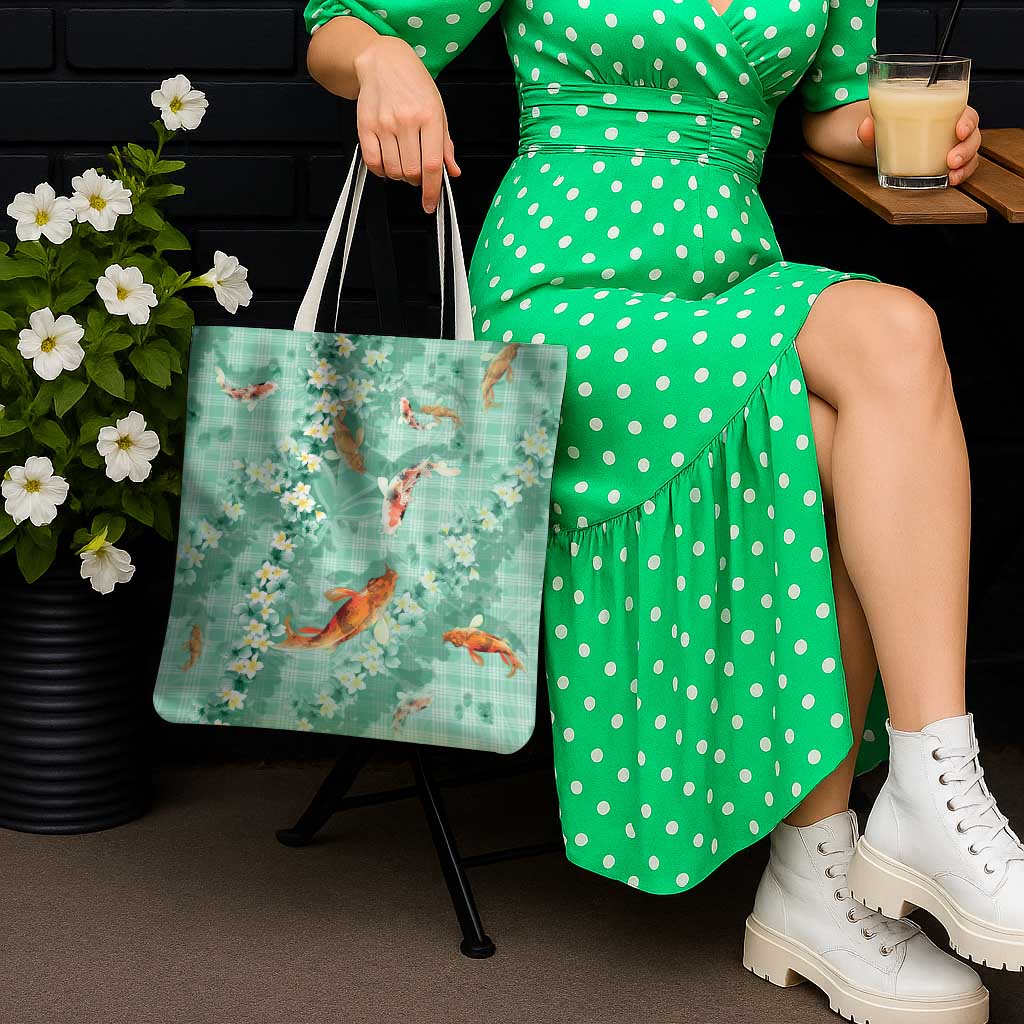 Green Palaka Hawaiian And Japanese Tote Bag Sakura Lei With Koi Fish - Polynesian Pride